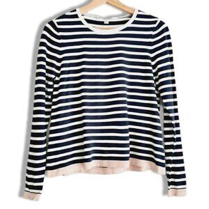 ONLY Suzana Striped Pattern Stretchy Crewneck Top B&W Contrasting Pink Hem Sz S